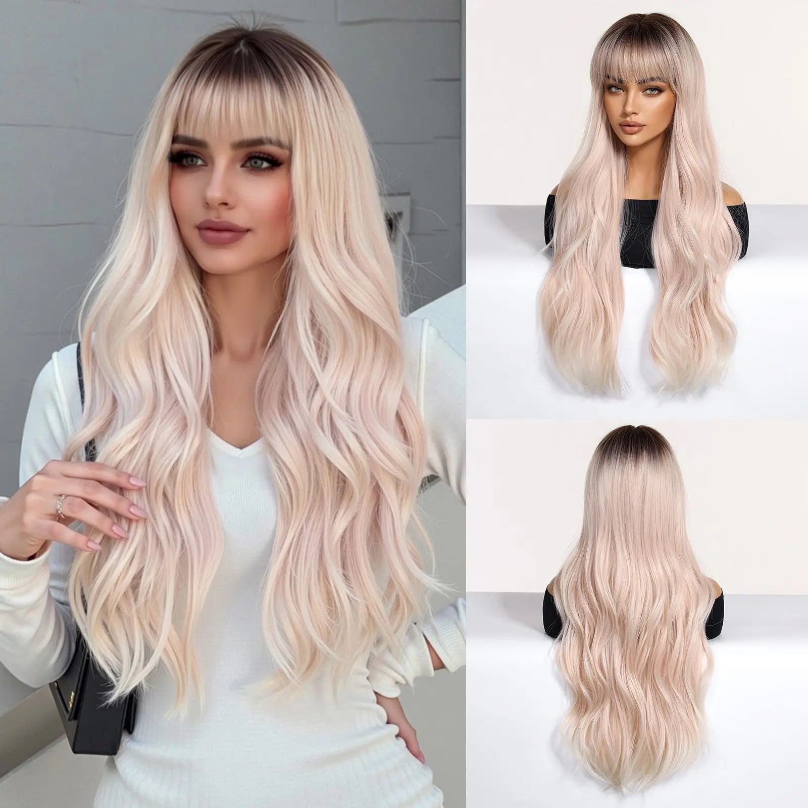 EASIHAIR Long Wavy Synthetic Wigs For Women Brown Blonde Highlight Wavy Wigs With Side Bangs Natural Wave Hair Daily Cosplay Wig