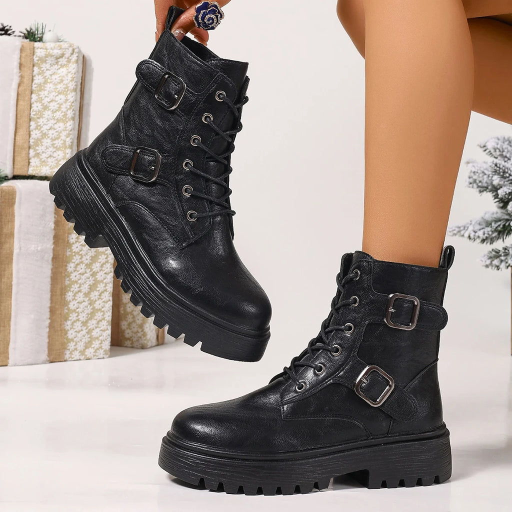 Women's Black Platform Combat Boots Fashion Buckle Strap PU Leather Ankle Boots Woman Plus Size Non Slip Motorcycle Botas Mujer