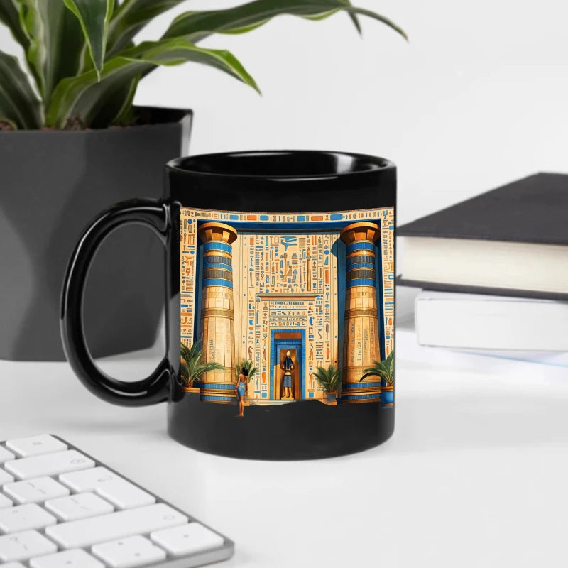 A black Egyptian temple designed ceramic cup with hieroglyphics and columns is suitable for drinking coffee, tea, or water at ho