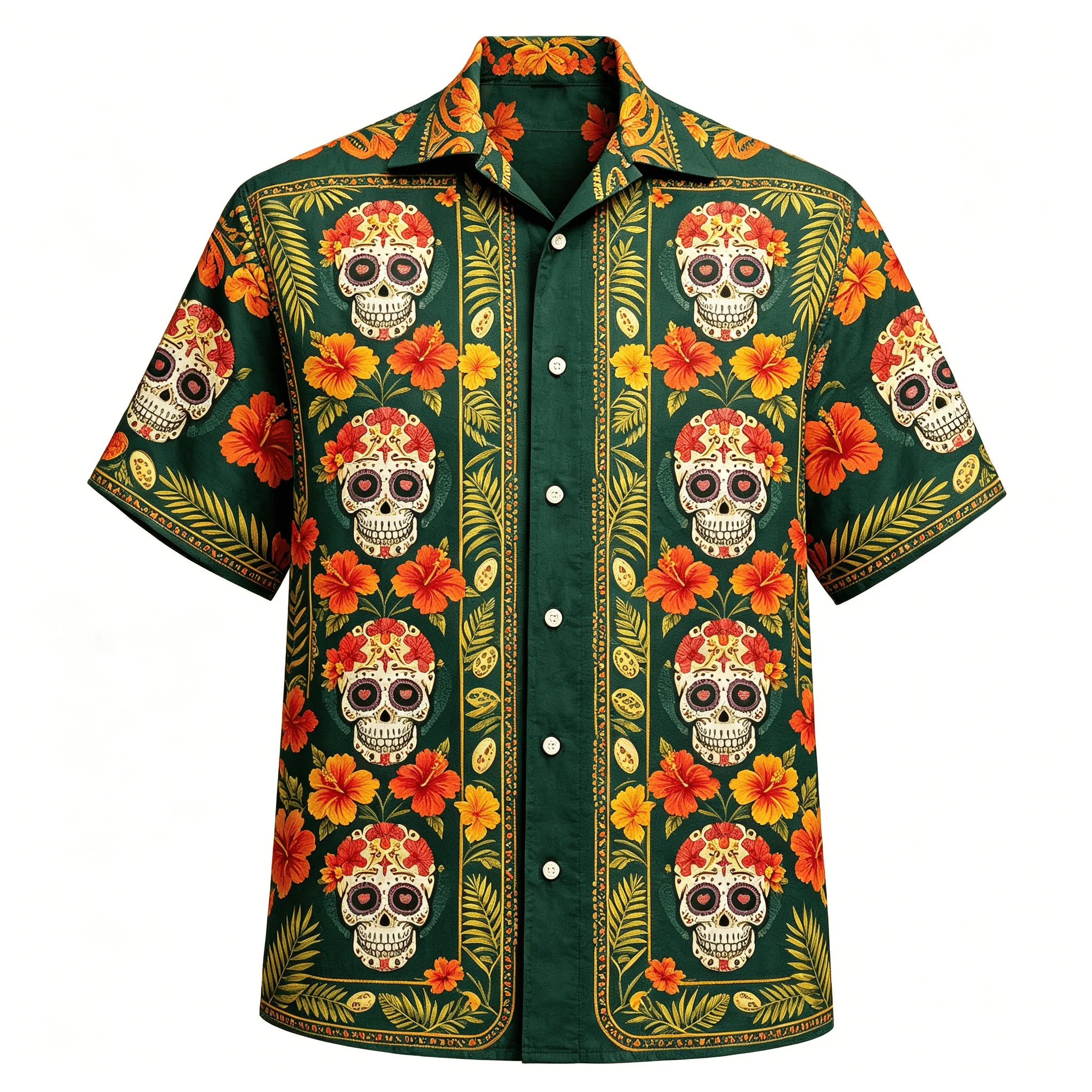 Men's Hawaiian Sugar Skull Shirt, Floral Hibiscus Print, Casual Summer Beach Button-Down
