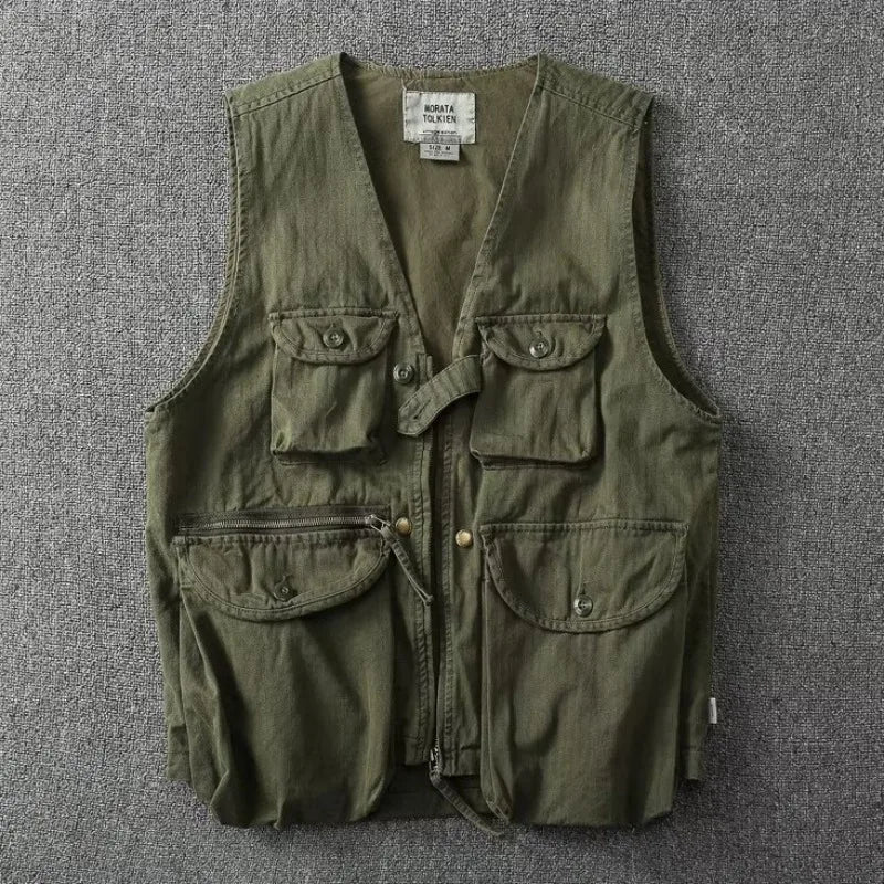 American Style Tactical Vest Men's Camouflage Outdoor Canvas Workwear Jacket Loose Fit V-Neck Single Button Closure Cotton