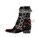 Gothic Pointy Toe Buckle Strappy Ankle Boots Women Studs Spike Rivets Strap Punk Boots Chic Female Side Zipper Low Heels Shoes