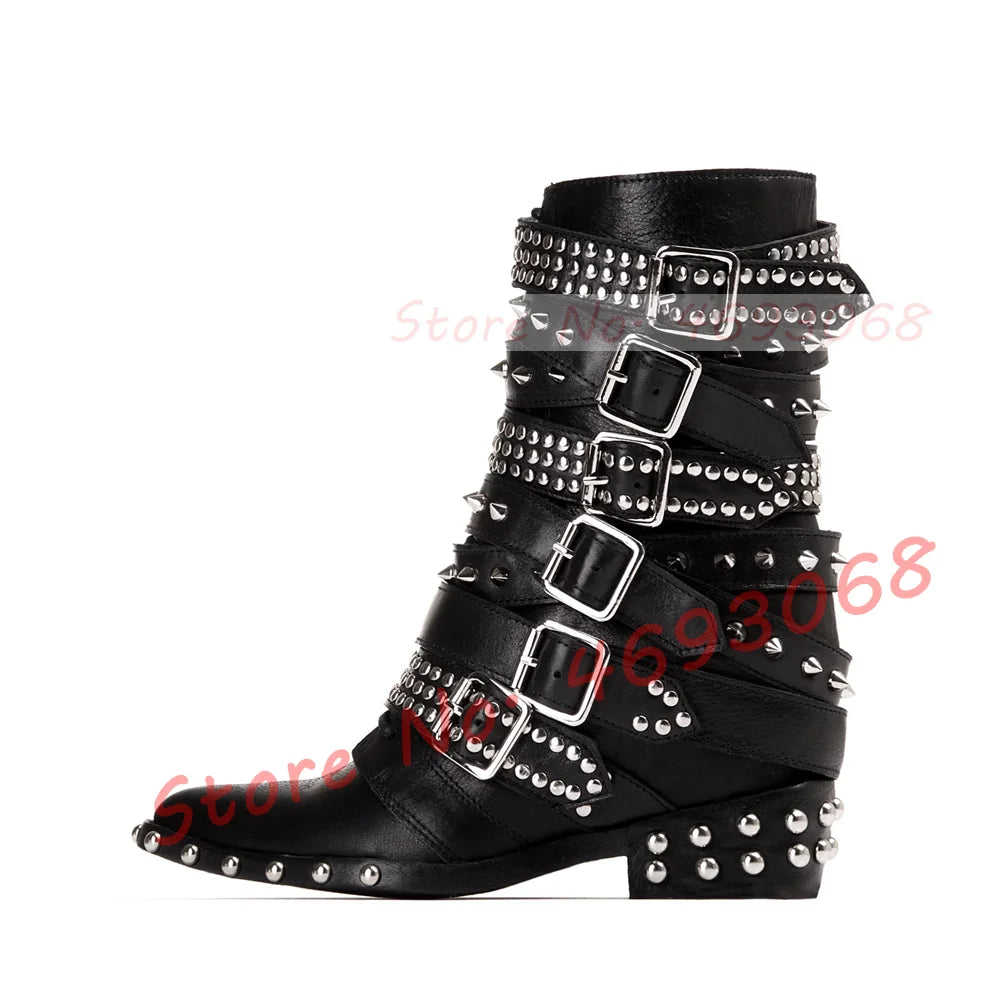 Gothic Pointy Toe Buckle Strappy Ankle Boots Women Studs Spike Rivets Strap Punk Boots Chic Female Side Zipper Low Heels Shoes