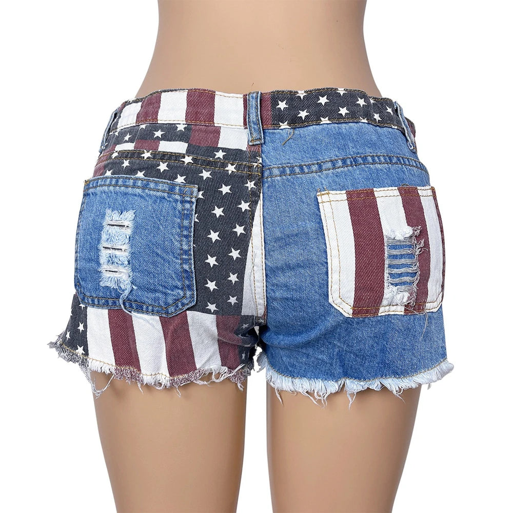 Women USA National Flag Denim Jeans Shorts Low Waist American Flag Mini Shorts Printed Pole Dance Skinny Vintage Pants Jeans