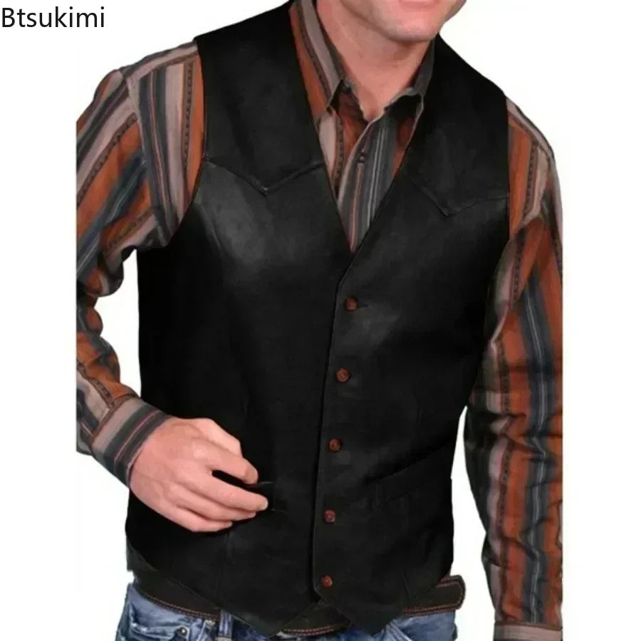 New2026 Men's Casual Leather Vests Punk Style V-Neck Party Stage Performance Costume Business Waistcoat Sleeveless Vest Men Tops