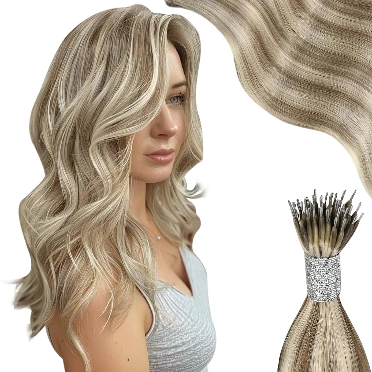 Moresoo Nano Hair Extensions Human Hair Extensions Brazilian Hair Natural Nano Ring Hair Extensions Human Hair Nano Tip 50G/50S