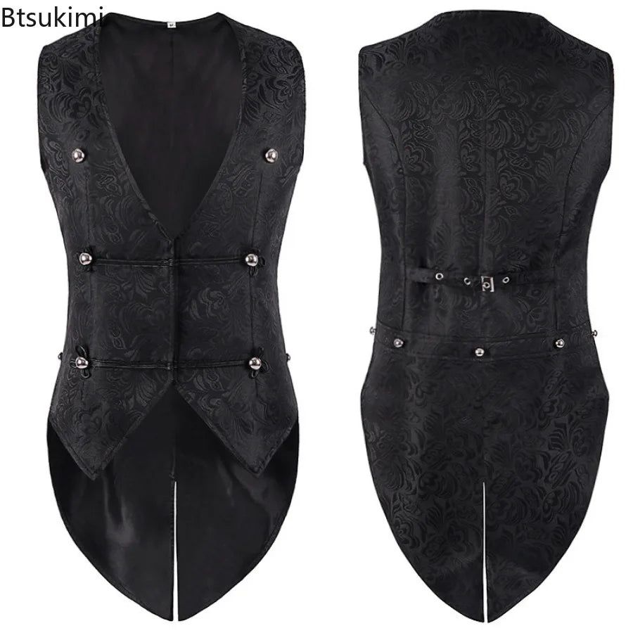 Medieval Men's Gothic Jackets Vintage Jacquard Waistcoats Steampunk Cosplay Costumes Double Breasted Slim Tuxedo Vests Tops Male