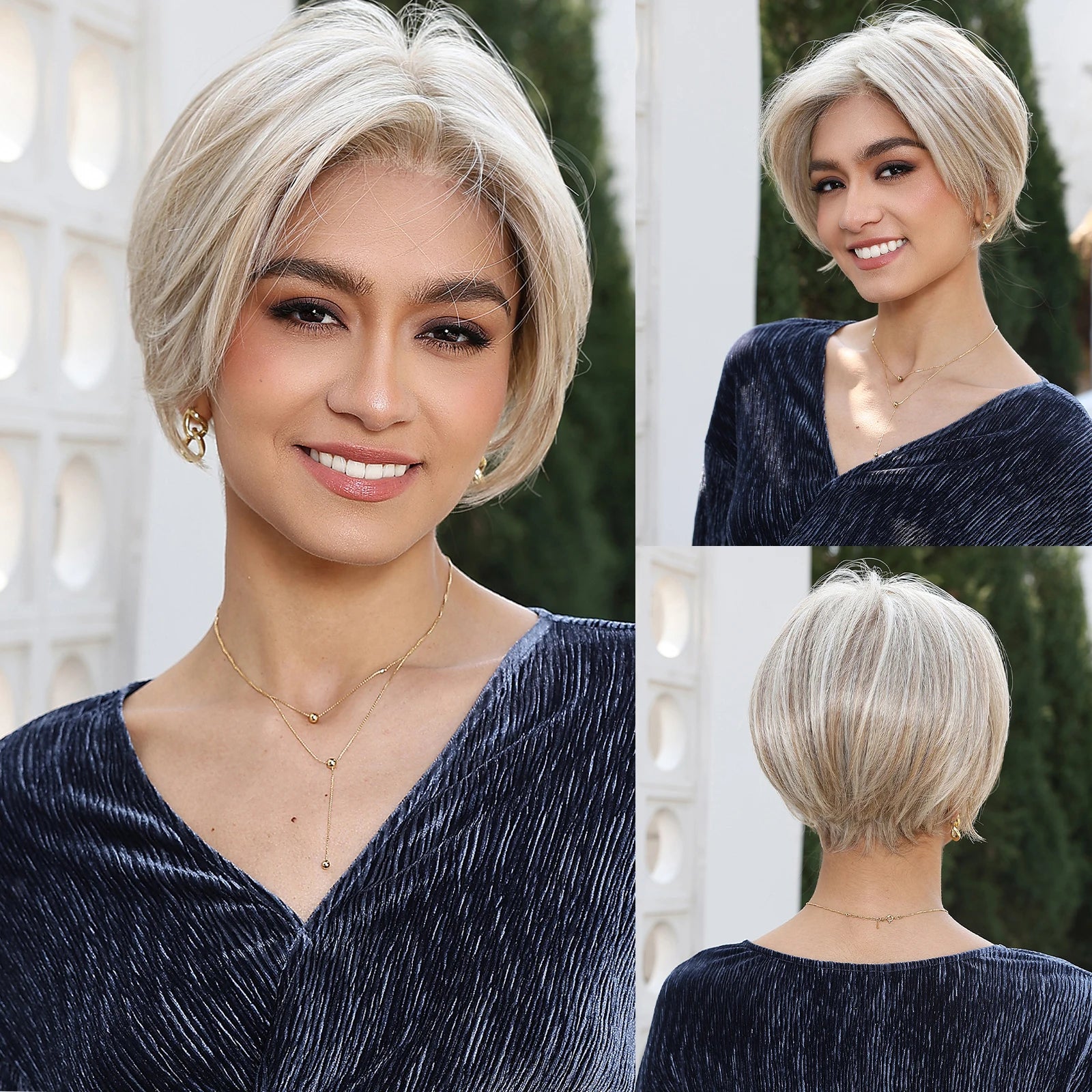 MONO Lace Frontal Synthetic Wigs Short Straight Bob Wig Highlight Gray Brown Blonde Mixed Wig for Women Daily wig Hear Resistant
