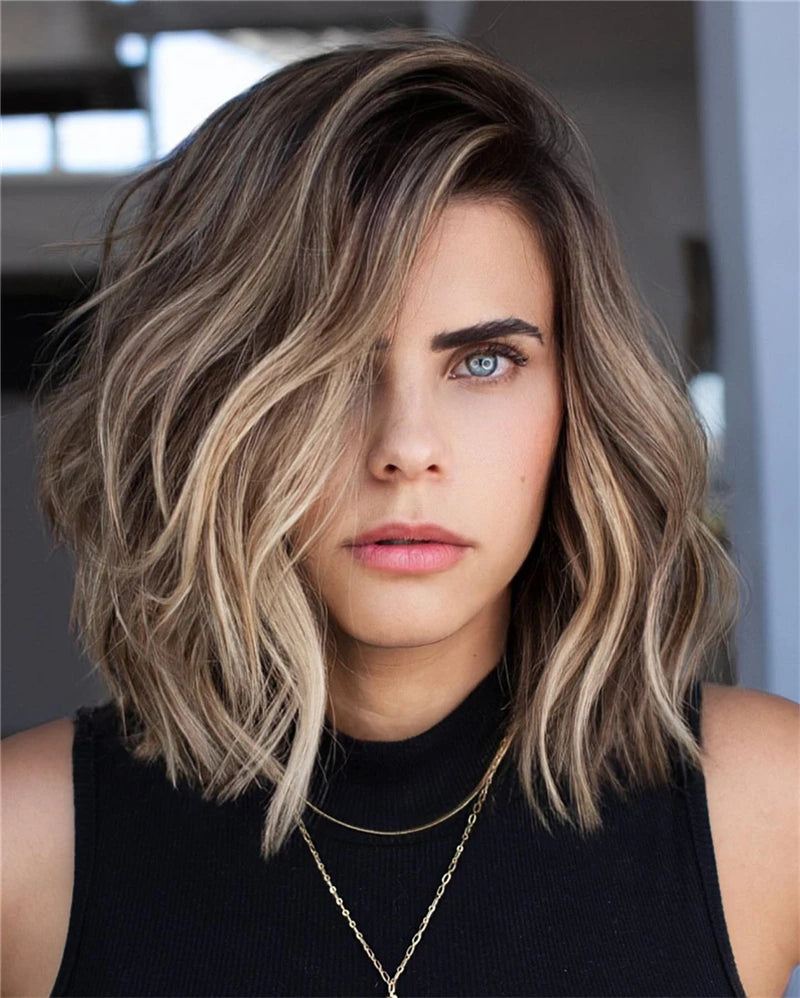 Synthetic Short wigs for women natural Look Balayage Brown Honey Blonde Highlights Bob Lace Front Wig Layered Cut Glueless wig
