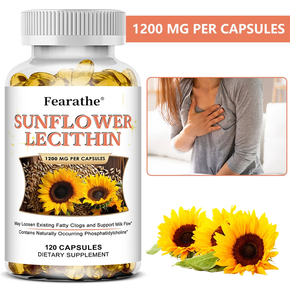 Sunflower Lecithin Supplement, 1200 Mg, Energy Support, Relieves Blocked Milk Ducts, Promotes Liver and Brain Health, Non-GMO