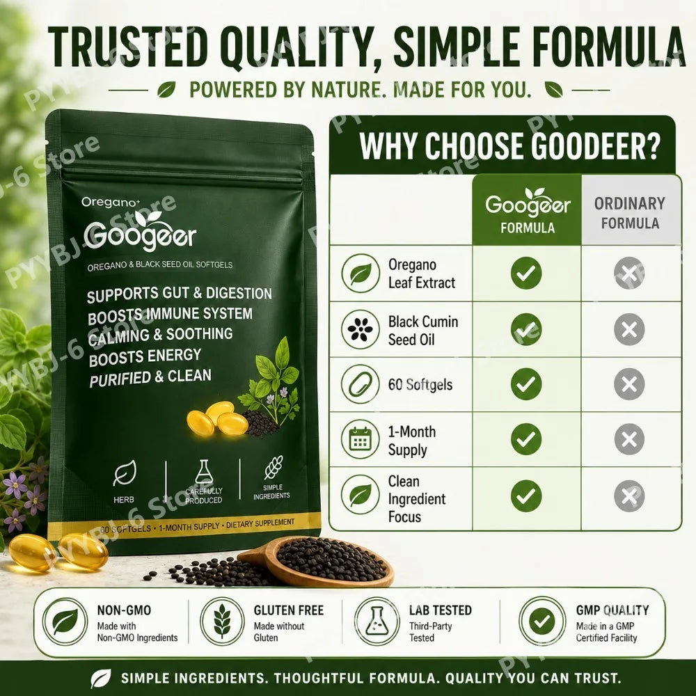 Oregano Black Seed Oil Softgels 60pcs Herbal Supplement for Gut Digestion Immune Energy Support Clean Wellness Formula