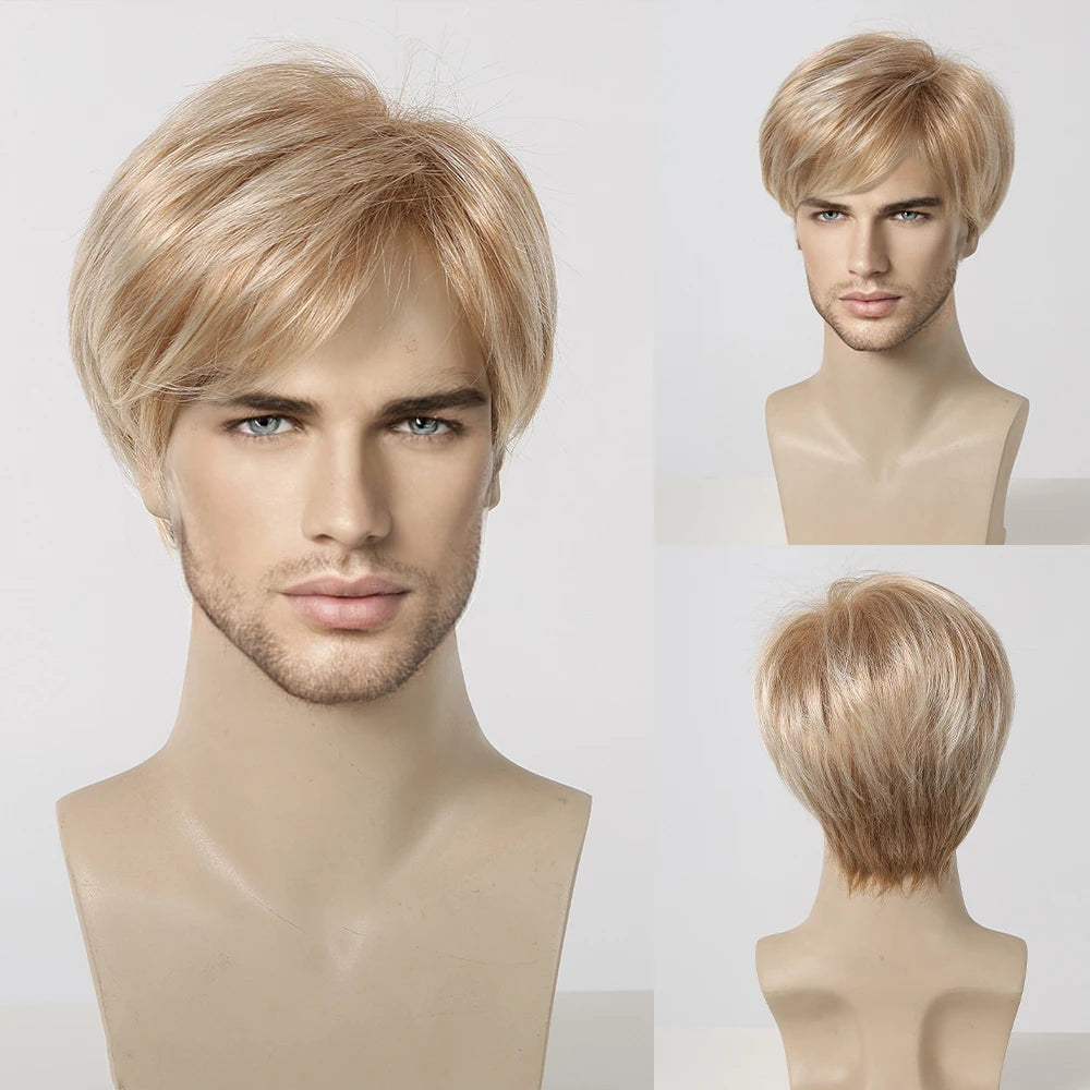 ALAN EATON Dark Brown Short Wig for Men Side Part Synthetic Layered Wigs with Bangs Natural Looking Synthetic Hair Full Wig