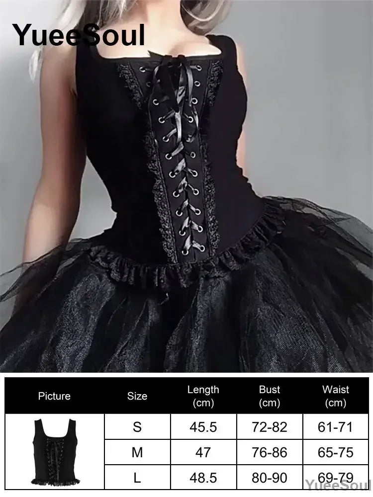 Gothic Crop Tops Black Lace Mesh Tanks Tops 2026 New Y2K Goth Punk Grunge Fairy Core Sexy Y2K Halloween 2000s Women Clothing