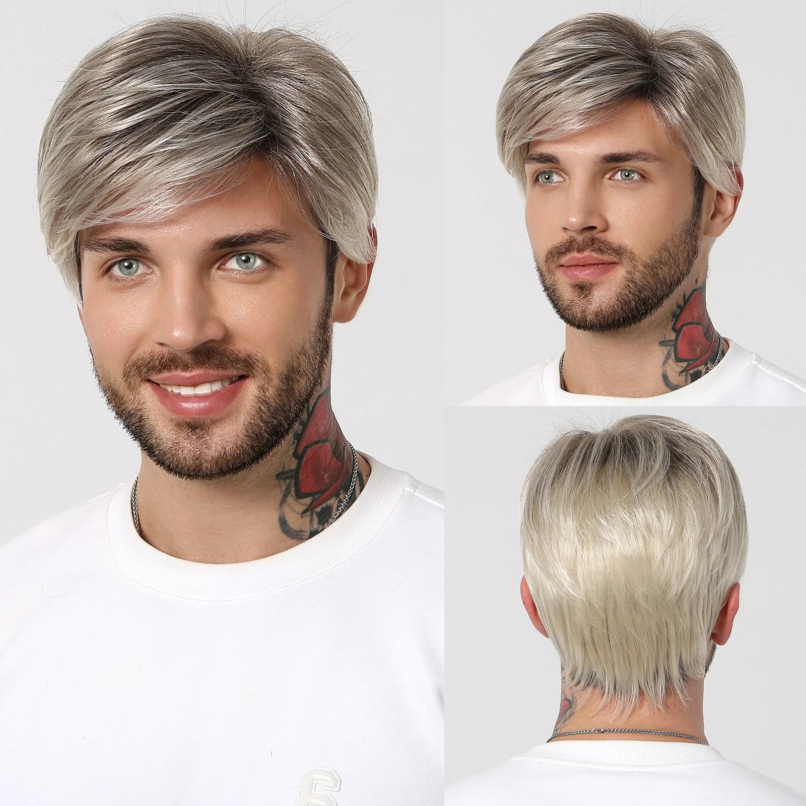 ALAN EATON Dark Brown Short Wig for Men Side Part Synthetic Layered Wigs with Bangs Natural Looking Synthetic Hair Full Wig