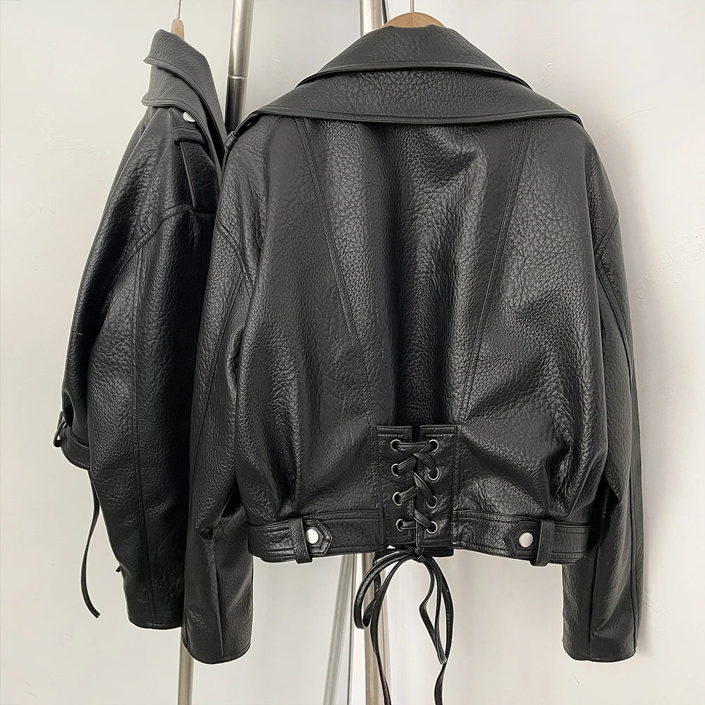 OFTBUY PU Biker Coat Women's Leather Jacket Faux Leather Cropped Moto Jacket Asymmetric Woman Clothing Vintage Punk Outerwear