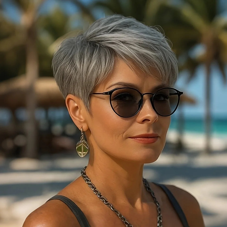 Short Gray Human Hair Wig for Women with Bangs Layered Pixie Cut Straight Hair with Machine Made Wig