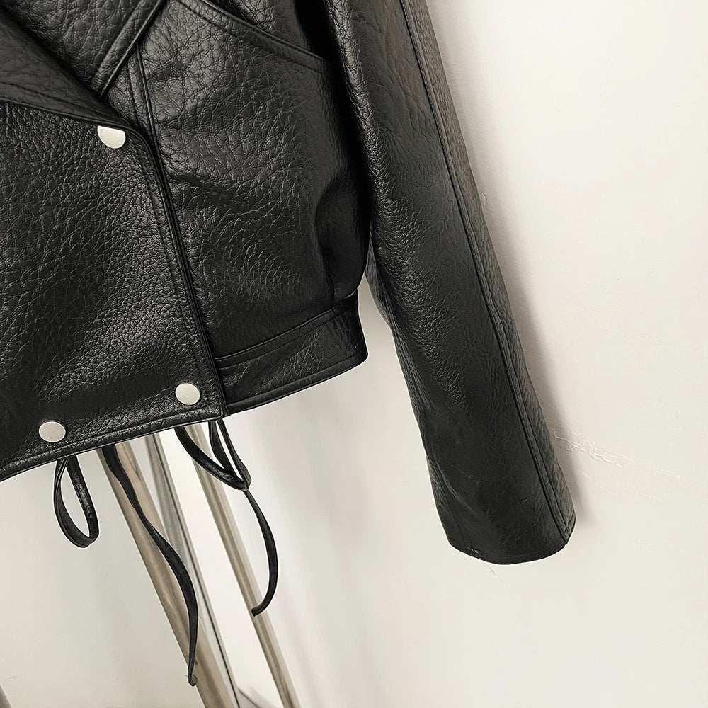 OFTBUY PU Biker Coat Women's Leather Jacket Faux Leather Cropped Moto Jacket Asymmetric Woman Clothing Vintage Punk Outerwear