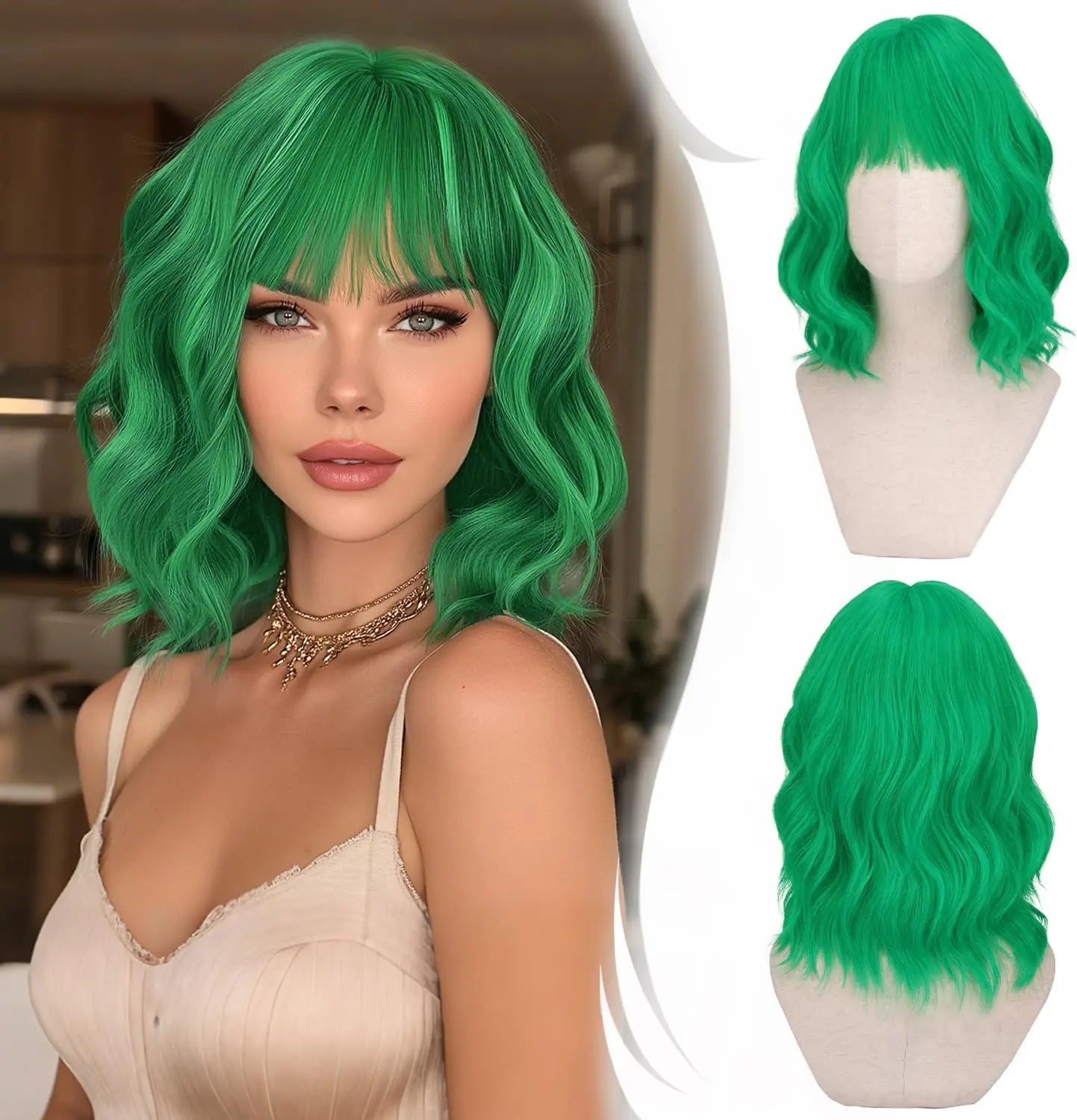 Short Wavy Bob Wig with Bangs Women Brown Highlight Synthetic Wig for Women Natural Curly Wig for Cosplay Daily Party Hallo
