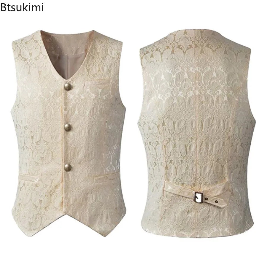 Medieval Men's Gothic Jackets Vintage Jacquard Waistcoats Steampunk Cosplay Costumes Double Breasted Slim Tuxedo Vests Tops Male