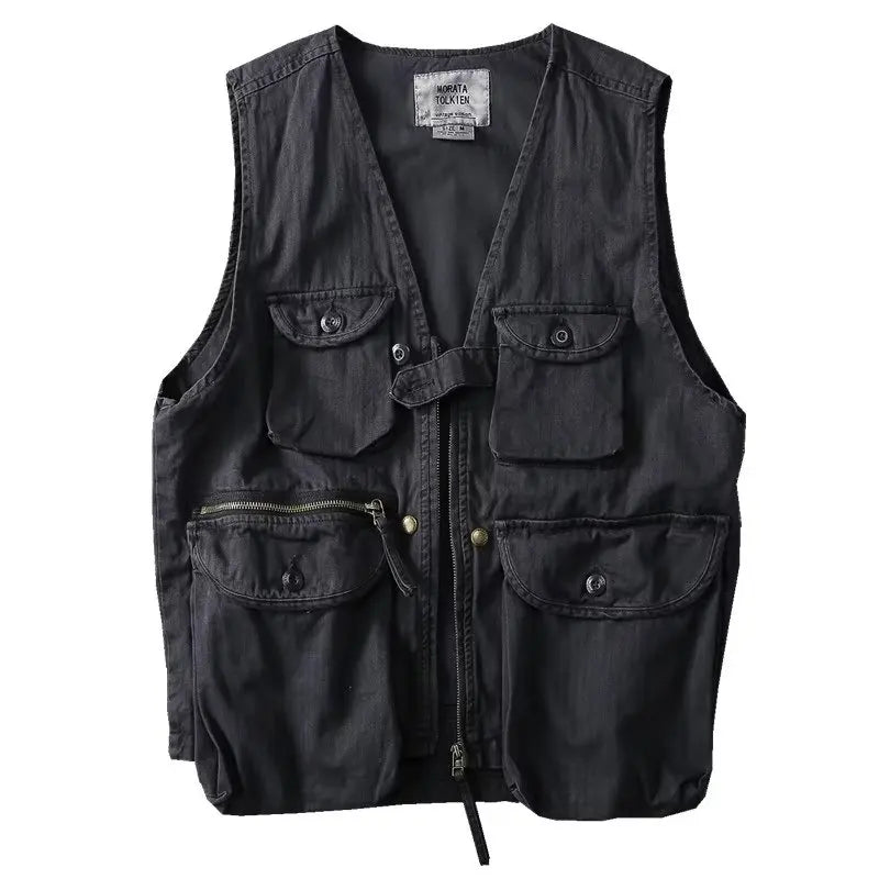 American Style Tactical Vest Men's Camouflage Outdoor Canvas Workwear Jacket Loose Fit V-Neck Single Button Closure Cotton