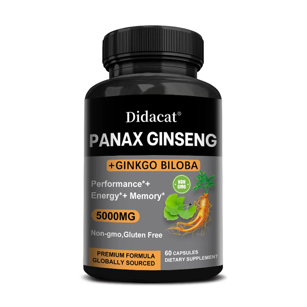 Korean Red Panax Ginseng with Ginkgo Biloba Capsules High Potency for Male Natural Health Supplement - Non-GMO, Vegan
