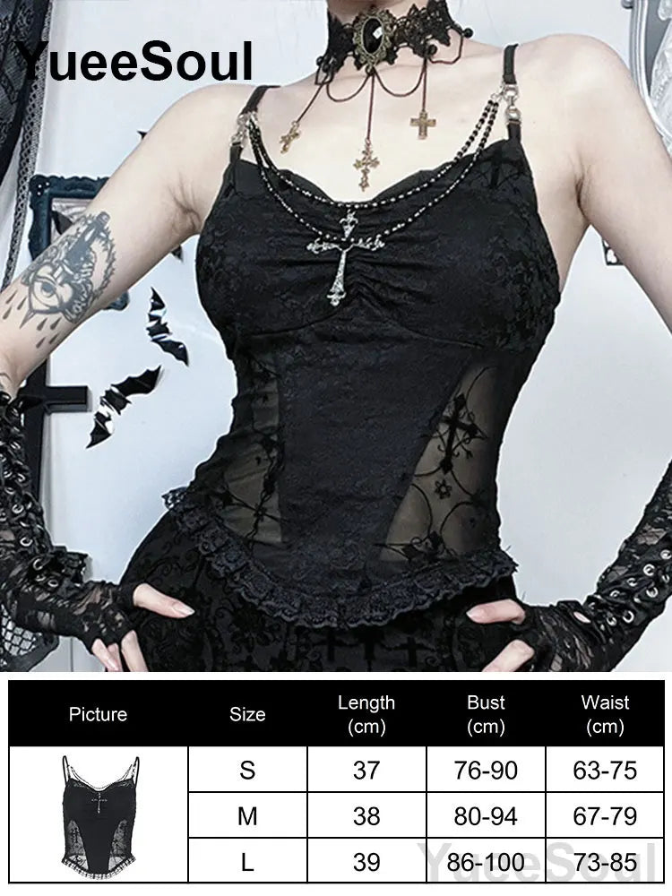 Gothic Crop Tops Black Lace Mesh Tanks Tops 2026 New Y2K Goth Punk Grunge Fairy Core Sexy Y2K Halloween 2000s Women Clothing