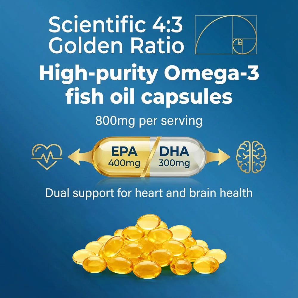 Omega 3 Fish Oil 1250mg Softgels - 400mg EPA 300mg DHA, High Potency Brain Heart Joint Health, Wild Caught, 60/120 Counts