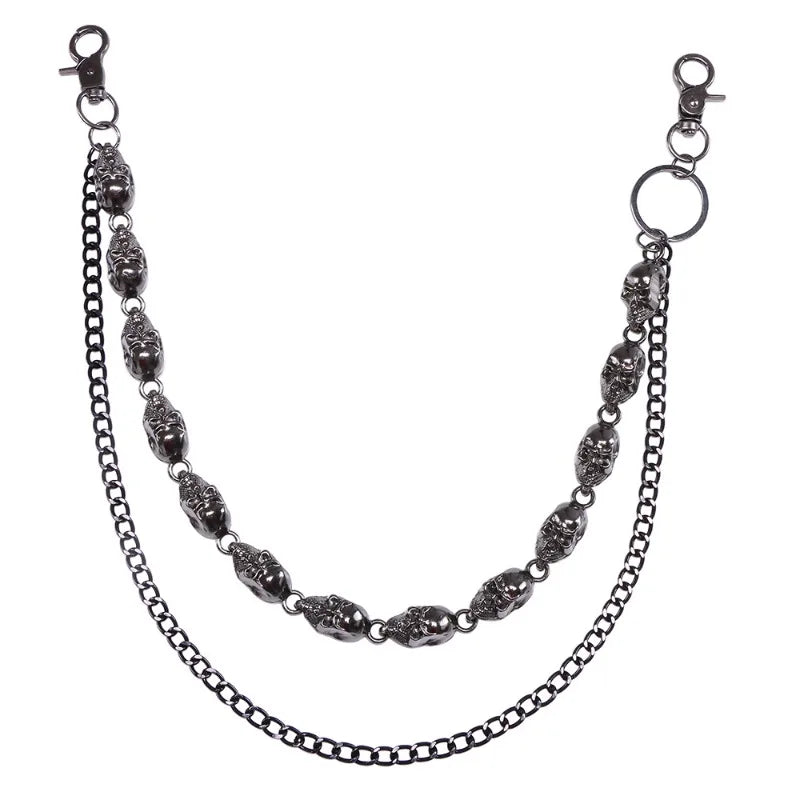 Gothic Punk Curb Chain with Skull Pendants Heavy Duty Black Waist Chain for Men Women Hip Hop Y2K Keychain Belts Accessory