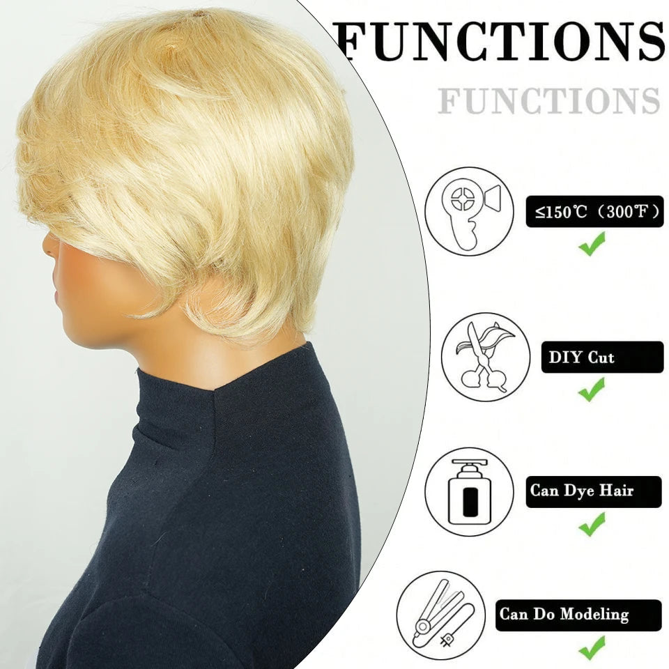 Women'S Short 613 Blonde Straight Bob Pixie Cut Human Hair Layered Wig With Bangs Full Machine Made Universal Wig For Daily Wear