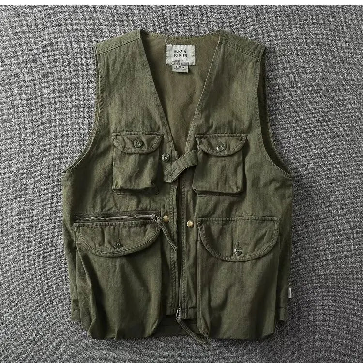 American Style Tactical Vest Men's Camouflage Outdoor Canvas Workwear Jacket Loose Fit V-Neck Single Button Closure Cotton