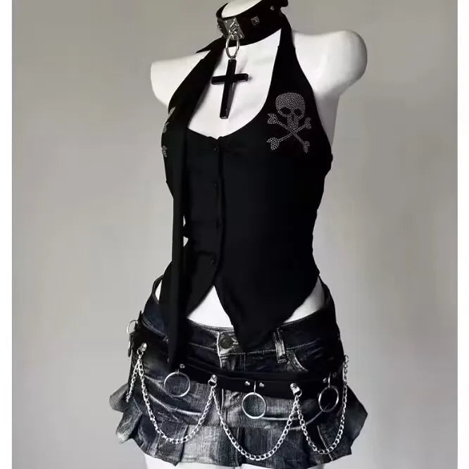 Punk Vintage Y2K Subculture Halter Vest Gothic Skulls Print Tanks New Women's Halter Top Harajuku Sexy Slim Tops Women Clothing