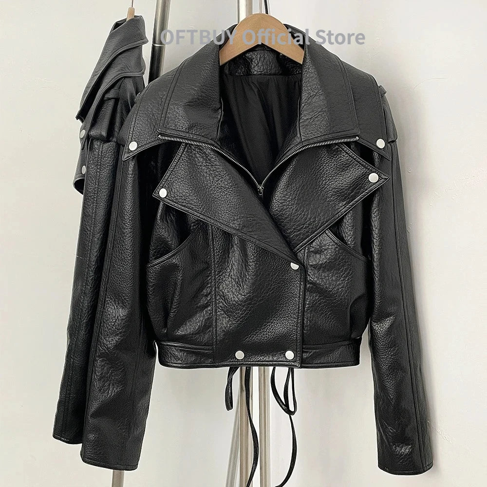 OFTBUY PU Biker Coat Women's Leather Jacket Faux Leather Cropped Moto Jacket Asymmetric Woman Clothing Vintage Punk Outerwear