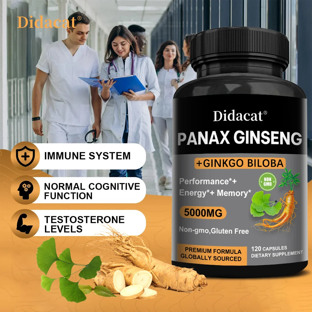 Korean Red Panax Ginseng with Ginkgo Biloba Capsules High Potency for Male Natural Health Supplement - Non-GMO, Vegan
