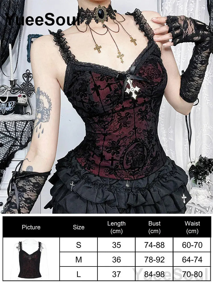 Gothic Crop Tops Black Lace Mesh Tanks Tops 2026 New Y2K Goth Punk Grunge Fairy Core Sexy Y2K Halloween 2000s Women Clothing