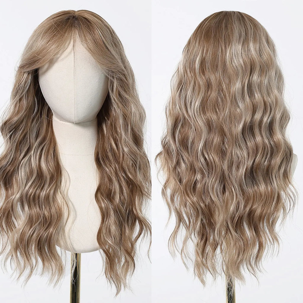 EASIHAIR Long Wavy Synthetic Wigs For Women Brown Blonde Highlight Wavy Wigs With Side Bangs Natural Wave Hair Daily Cosplay Wig