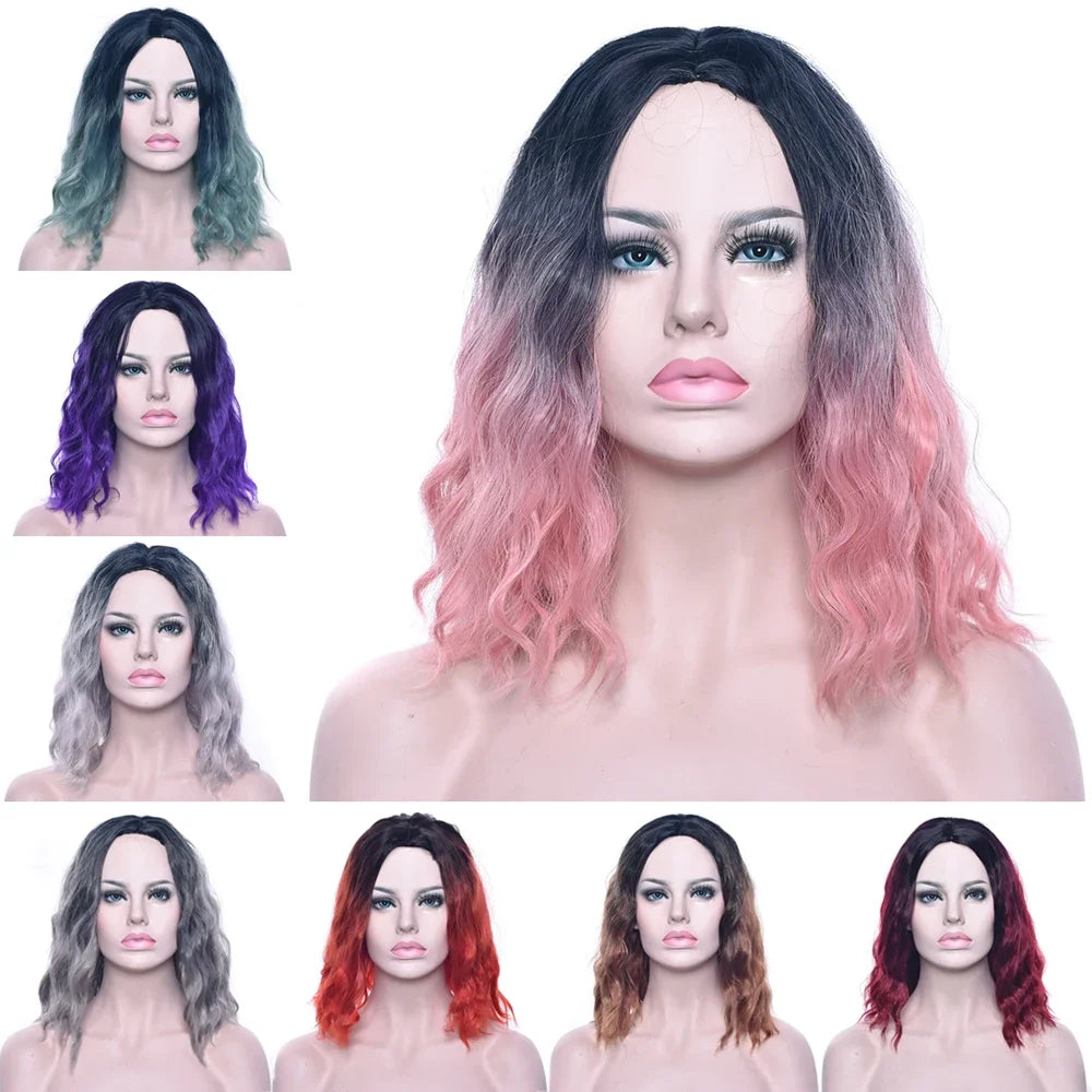 Synthetic Wig Short Kinky Curly Hair Pink Gray Blonde Ombre Hair for Women Party Cosplay Wigs Pelucas