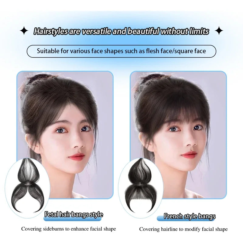 25cm 100% Human Hair Women's Natural Forehead Whitening Hair Enhancement Head Curtain 3D Bangs Increase Hair Volume