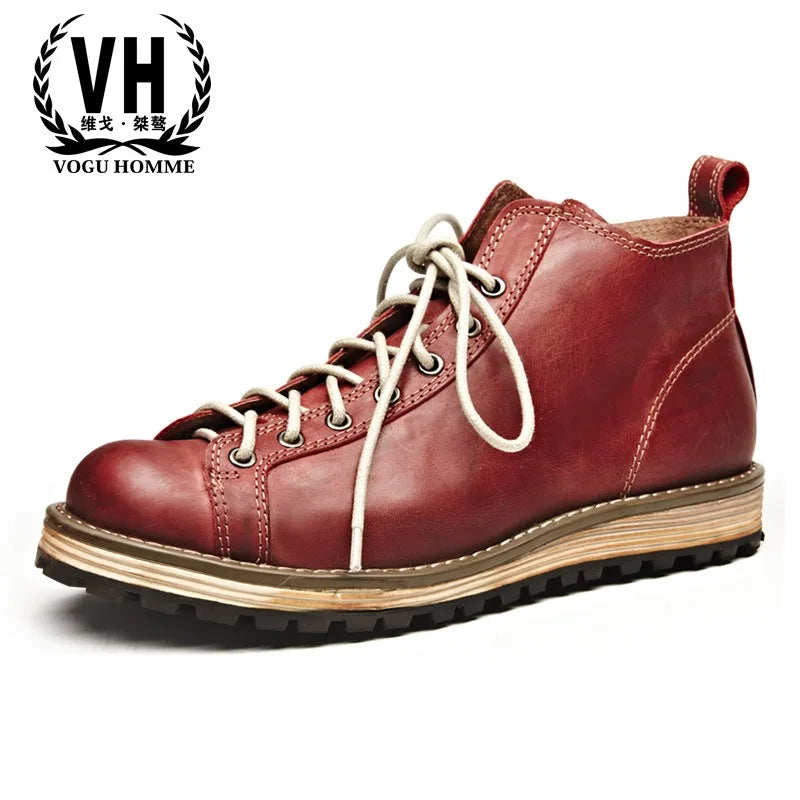 Motorcycle Riding Boots Men's Retro Leather Big Head Shoes British Work Thick Soles High Top Casual Boots