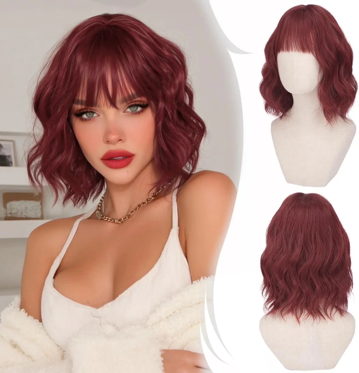Short Wavy Bob Wig with Bangs Women Brown Highlight Synthetic Wig for Women Natural Curly Wig for Cosplay Daily Party Hallo