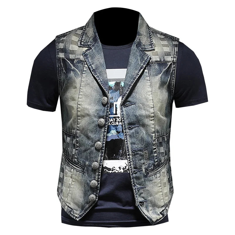 2024 Punk Embroidered Cowboy Waistcoat for Men Fashion Handsome Autumn New Personality Suit Collar Literary High Quality