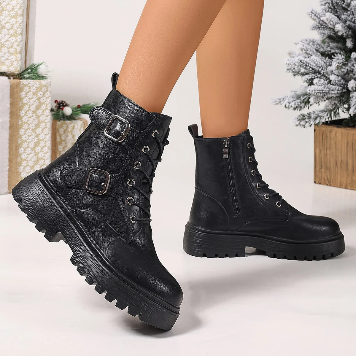Women's Black Platform Combat Boots Fashion Buckle Strap PU Leather Ankle Boots Woman Plus Size Non Slip Motorcycle Botas Mujer