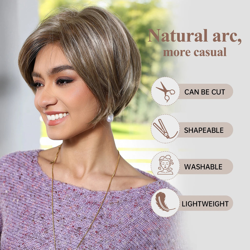 MONO Lace Frontal Synthetic Wigs Short Straight Bob Wig Highlight Gray Brown Blonde Mixed Wig for Women Daily wig Hear Resistant