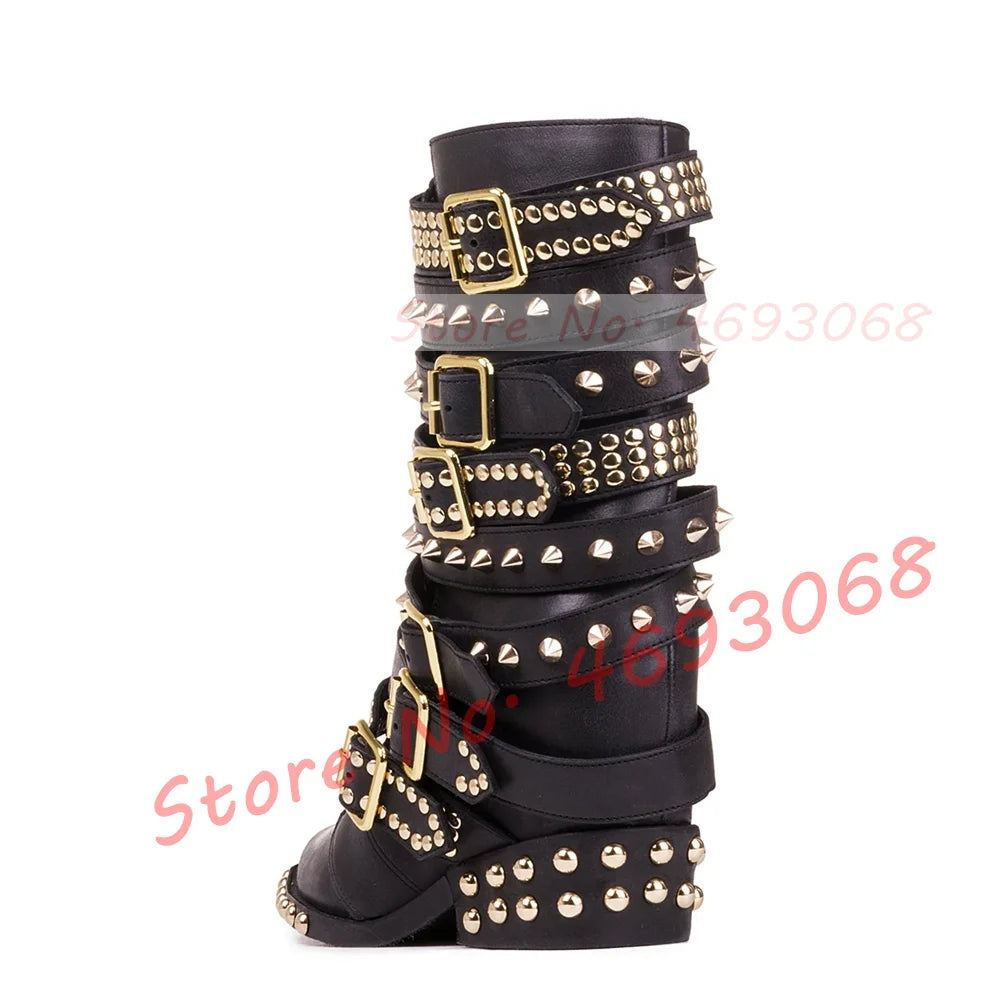 Gothic Pointy Toe Buckle Strappy Ankle Boots Women Studs Spike Rivets Strap Punk Boots Chic Female Side Zipper Low Heels Shoes
