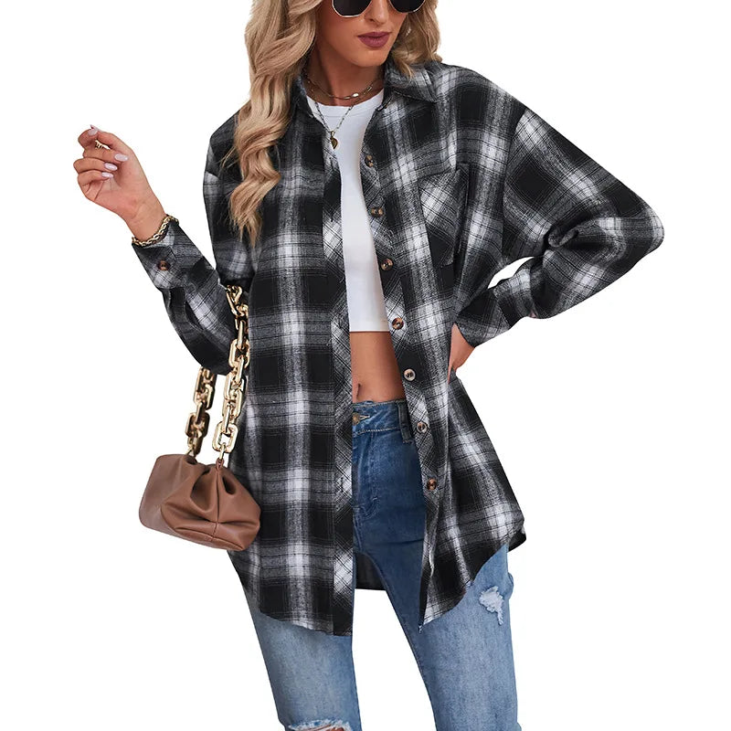 2025 Women's Retro Plaid Shirt Long Sleeve Button Cardigan Top Loose Street Fashion Casual Blouses for Female