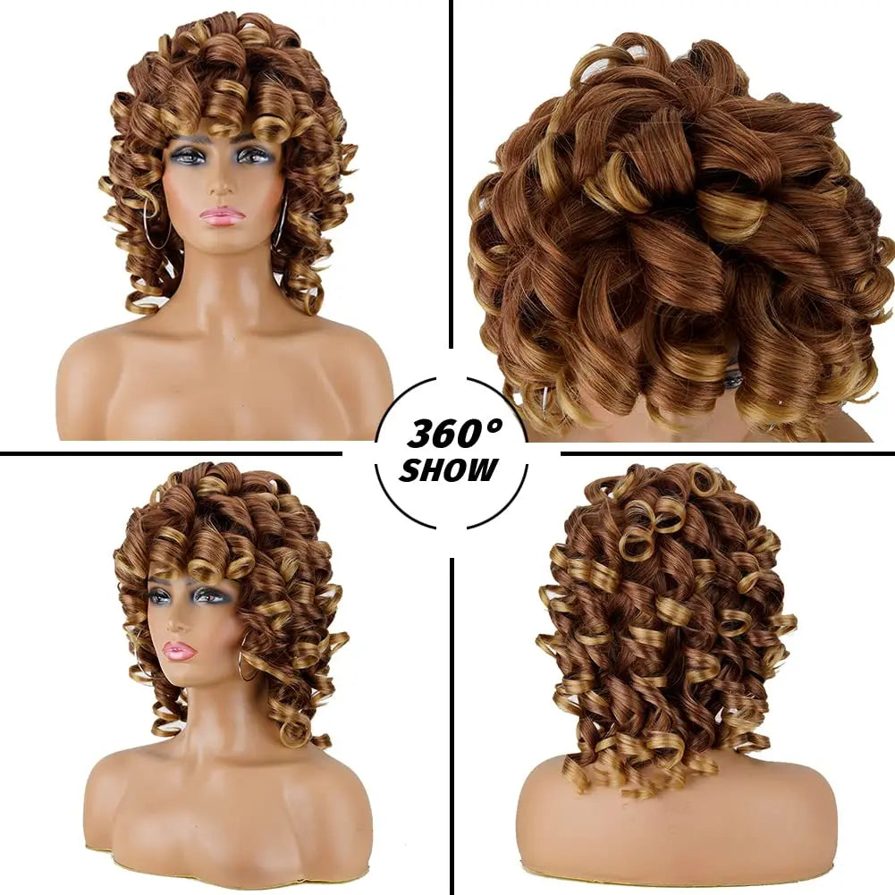 Short Curly Wig for Black Women, Soft Brown Blonde Big Curly Hair with Bangs, African Curly Hair, Heat-Resistant Daily Synthetic Wig for African American Women (T27)