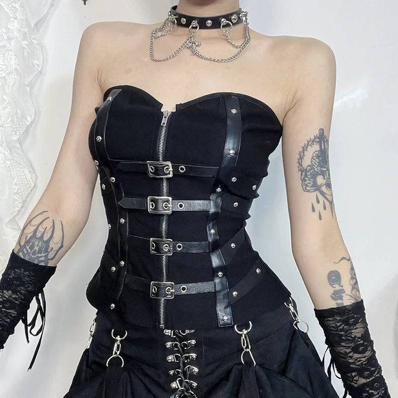 Goth Sexy Punk Leather Corset Crop Tops Camis Y2K Harajuku Aesthetic Black  Basic Tank Top Summer Women Grunge Emo Streetwear