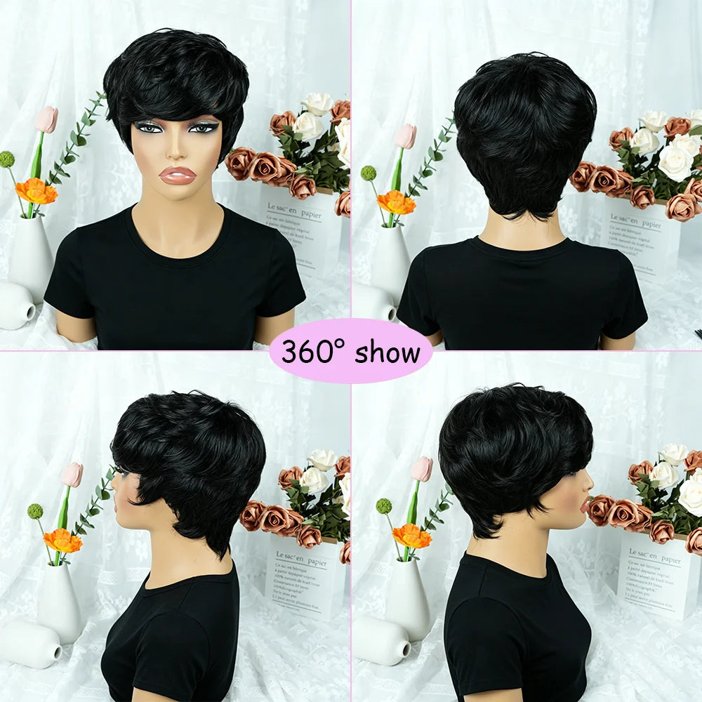 Short Layered Pixie Wigs Human Hair 100% Natural Realistic Tangle Free Pre Plucked Full Machine Made With Bangs For Women