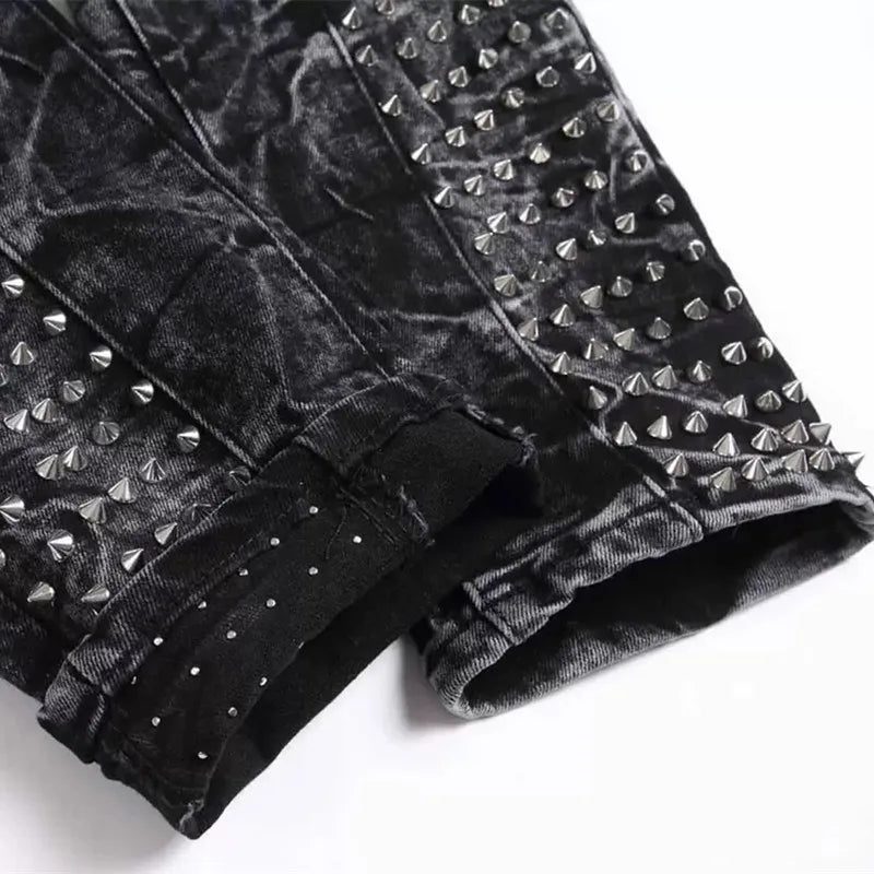 2025 Punk Y2K Style Rivet Design Black Slim Jeans Pants For Men Clothing Streetwear New Rock Cotton Long Trousers Ropa Hombre