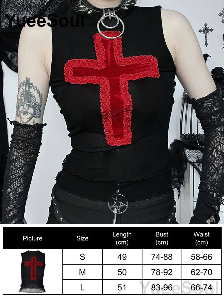 Gothic Crop Tops Black Lace Mesh Tanks Tops 2026 New Y2K Goth Punk Grunge Fairy Core Sexy Y2K Halloween 2000s Women Clothing