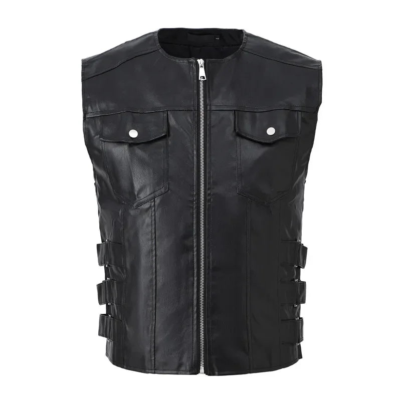 Men's Punk Style Leather Vests With Bandage Fashion Club Stage Wear Waistcoat Skinny PU Sleeveless Jacket For Male Size M-4XL